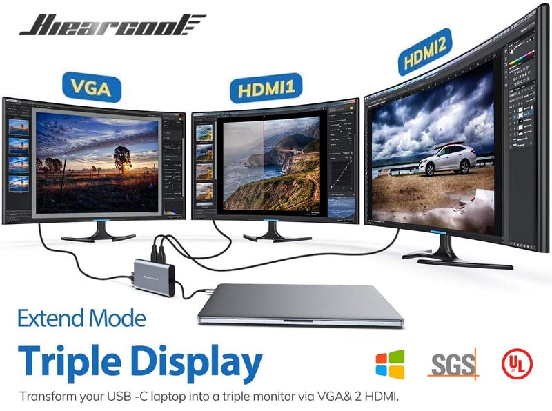 Hiearcool USB C Hub, USB-C Laptop Docking Station, 11IN1 Triple Display Type C Adapter Compatible for Dell Hp Lenovo Windows (2HDMI VGA PD3.0 SD TF Card Reader Gigabit Ethernet 4USB Ports) - Image 2