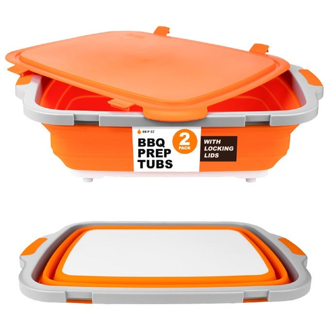 COLLAPSIBLE BBQ PREP TUBS 2PIECE SET FOR MEAL PREP MARINATING FOOD STORAGE INCLUDES CUTTING BOARD LID 2 XL ORANGE