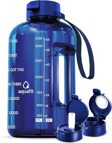 AQUAFIT Half Gallon Water Bottle with Time Marker Straw Chug Lid BPA Free Gym Water Bottle with Straw Big Gallon Jug Blue 64 oz 2 Lids - Image 1