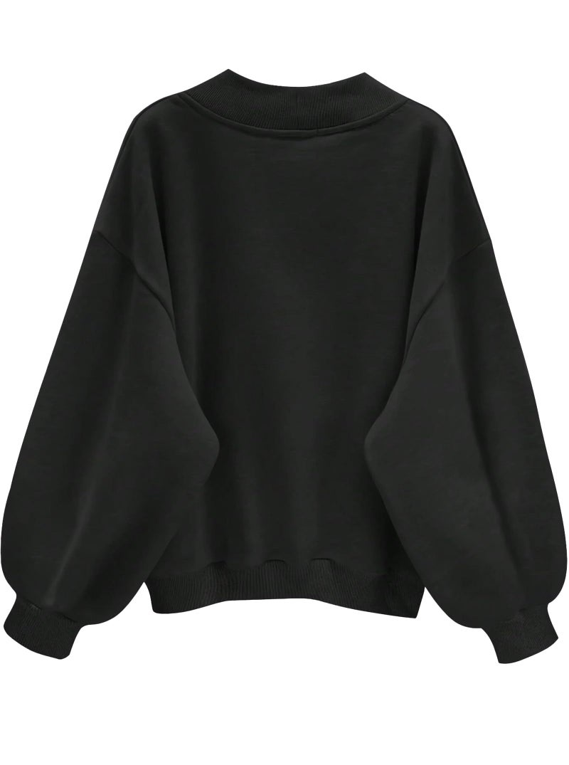 Hilinker Womens V Neck Oversized Sweatshirts Cute Pullover Drop Shoulder Long Sleeve Tops Black Medium - Image 4