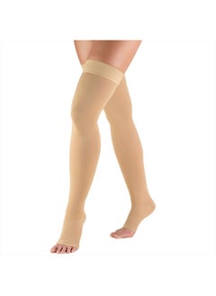 Truform 20-30 mmHg Compression Stockings for Men and Women, Thigh High Length, Dot-Top, Open Toe, Beige, Large  - Image 1