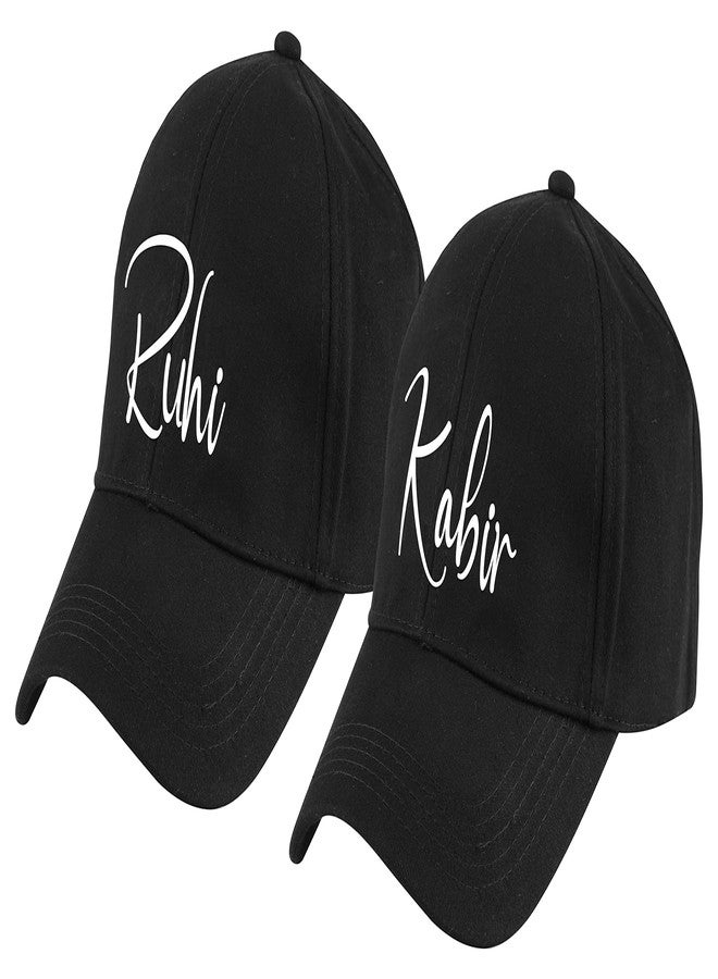 AICA Personalized Name Cotton Caps for Couples Men & Women� Black & Black, Adjustable Strap, Free Size (Pack of 2) - Image 1