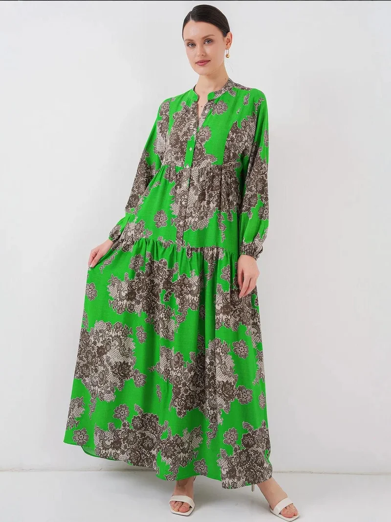 بيغ دارت فستان ماكسي مطبوع بياقة على شكل حرف  وأزرار