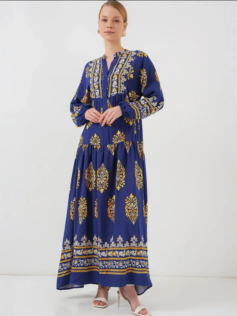 بيغ دارت فستان ماكسي مطبوع بياقة على شكل حرف  وأزرار