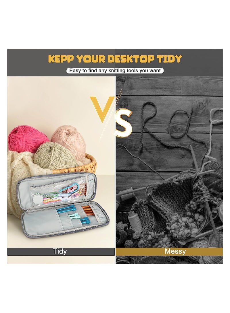 SYOSI حقيبة إبر الحياكة، منظم حياكة للسفر، حقيبة تخزين بسحاب، حقيبة تخزين خطافات الكروشيه المحمولة للسفر مع جيب شفاف وفتحات حامل لإبرة الكروشيه والحياكة والكروشيه - Image 3