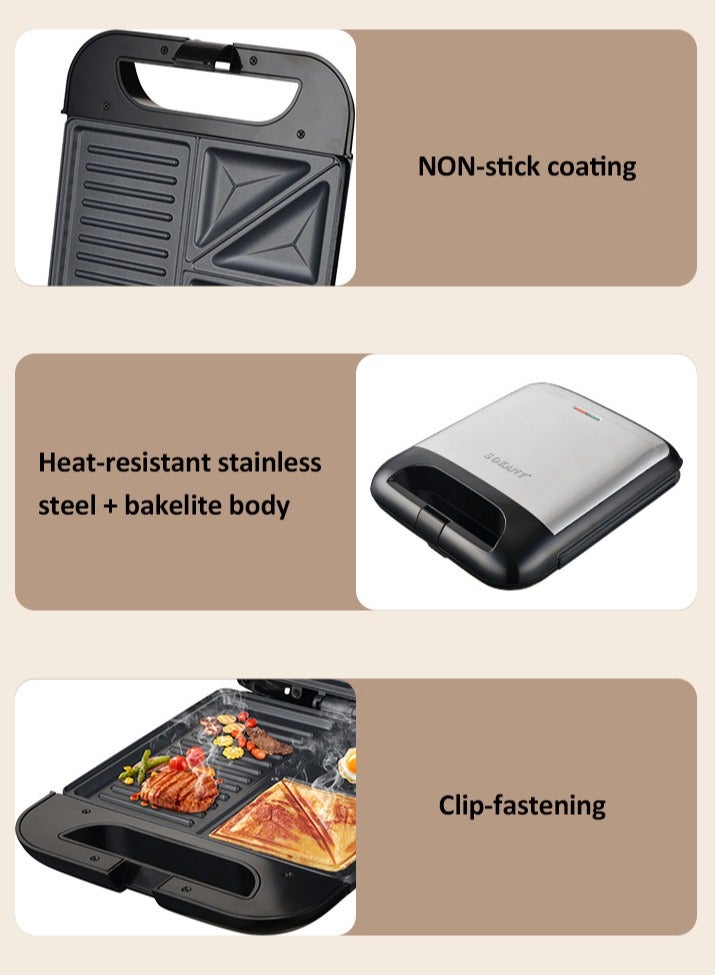 سوكاني شواية ٤ شرائح - صانعة شطائر غير لاصقة من الفولاذ المقاوم للصدأ مع نظام قفل للمقبض، مؤشر ضوئي، حماية من الحرارة الزائدة ١٤٠٠ واط SK-08127 - Image 5