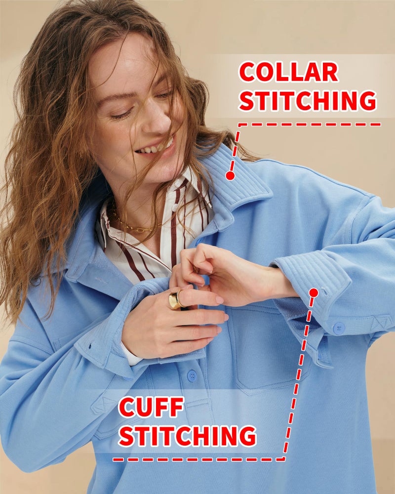 Locachy Women's Casual Oversized Polo Neck Sweatshirt Lapel Long Sleeve Button Pullover Tops Fashion Outfits Clothes Blue M - Image 4