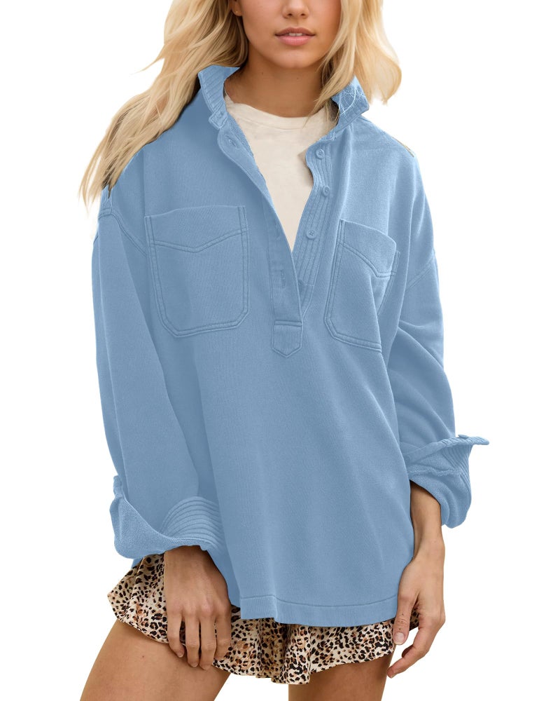 Locachy Women's Casual Oversized Polo Neck Sweatshirt Lapel Long Sleeve Button Pullover Tops Fashion Outfits Clothes Blue M - Image 1