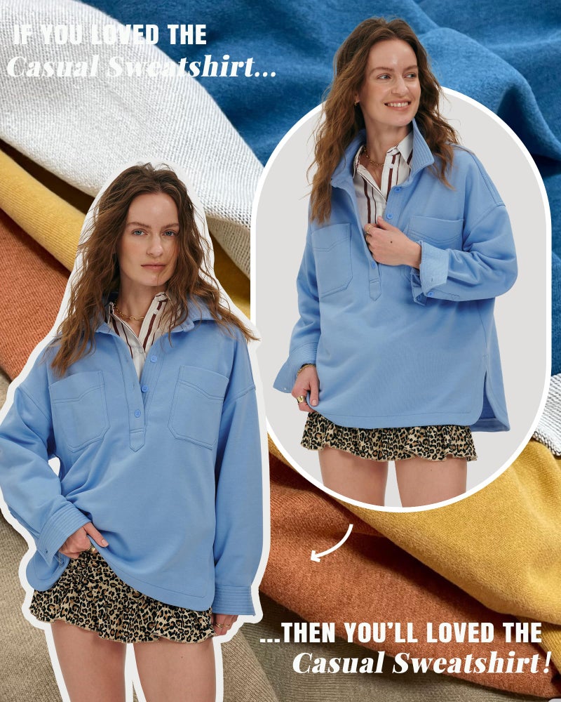 Locachy Women's Casual Oversized Polo Neck Sweatshirt Lapel Long Sleeve Button Pullover Tops Fashion Outfits Clothes Blue M - Image 5