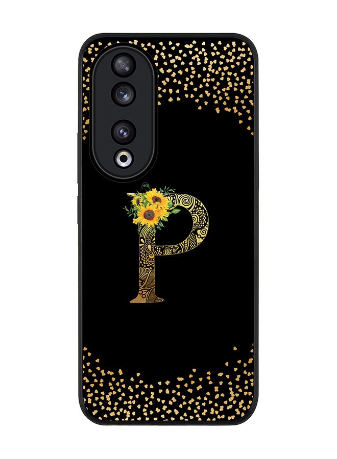Stylizedd Rugged Black edge case for Honor 90 5G, Slim fit Flexible Anti Drop Thin Cover - Custom Monogram Initial Letter Floral Pattern Alphabet - P ( Black ) - Image 1