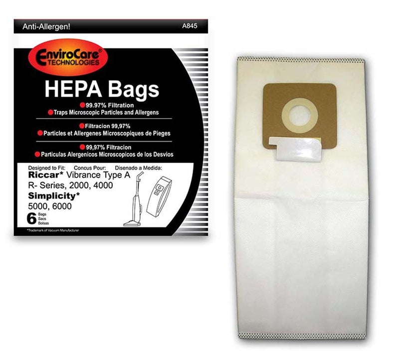 EnviroCare Replacement HEPA Filtration Vacuum Cleaner Dust Bags made to fit Riccar Vibrance Type A R-Series, 2000, 4000, Simplicity 5000, 6000 6 Pack - Image 1