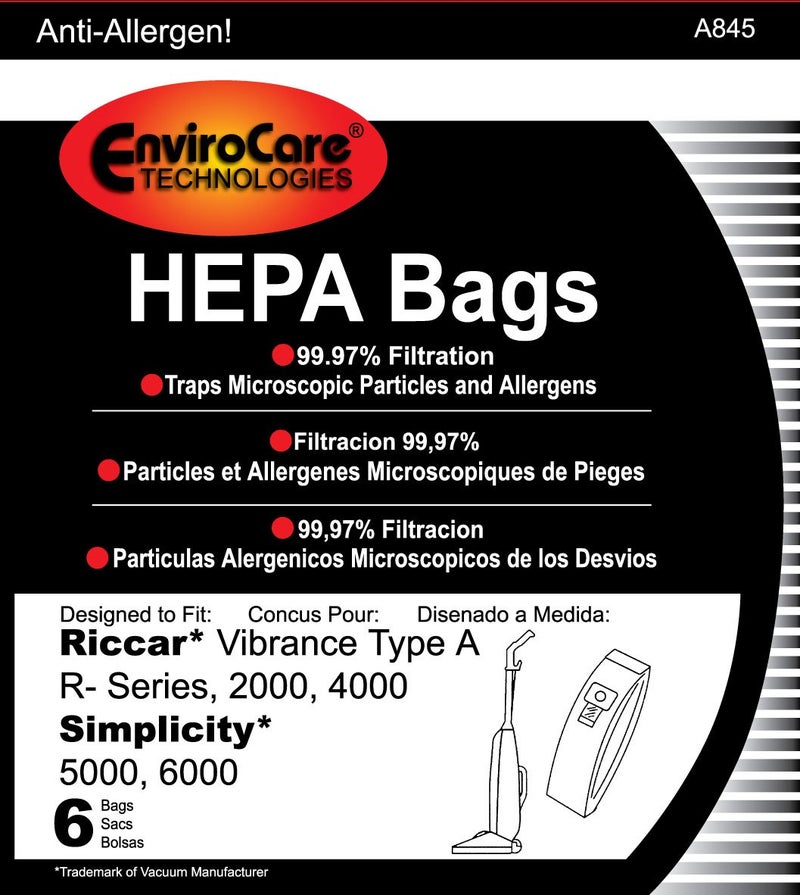 EnviroCare Replacement HEPA Filtration Vacuum Cleaner Dust Bags made to fit Riccar Vibrance Type A R-Series, 2000, 4000, Simplicity 5000, 6000 6 Pack - Image 3