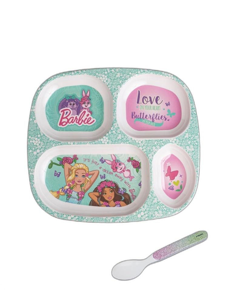 Superware Melamine Kids Partition Plate Barbie Butterfly Design Set of Two with Spoon Unbreakable Dinnerware for Children Home Kitchen - Image 1