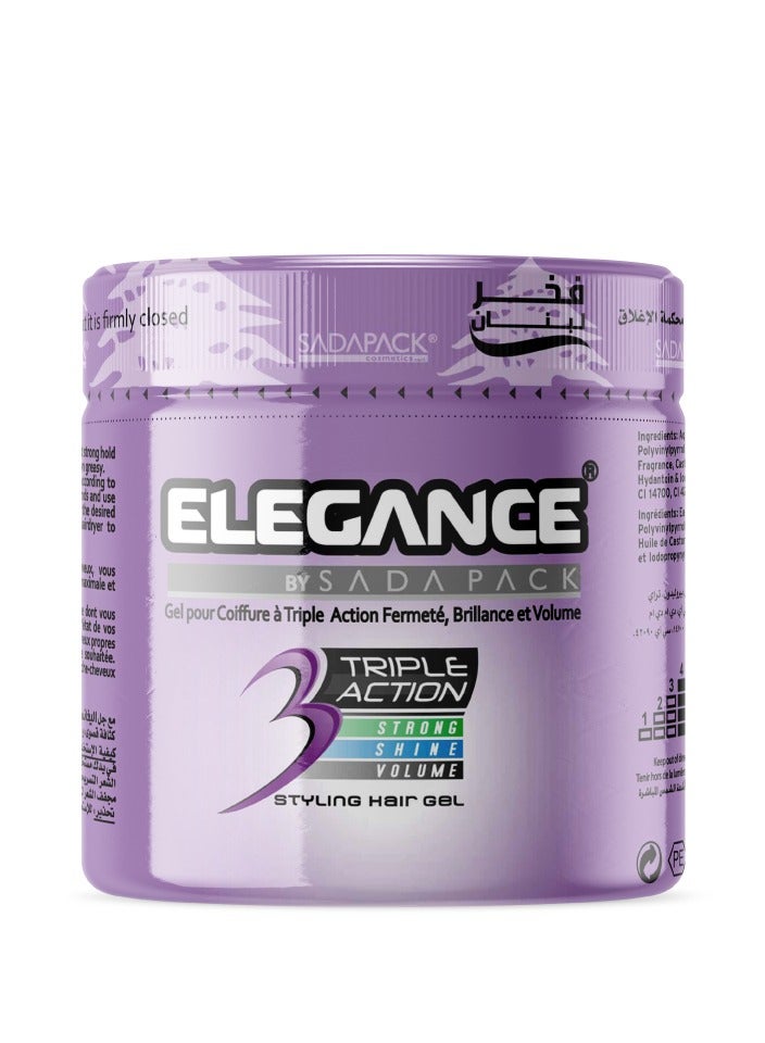 Elegance Triple Action Hair Gel - Purple, 250ml | Strong Hold, Glossy Finish, Flexible Styling