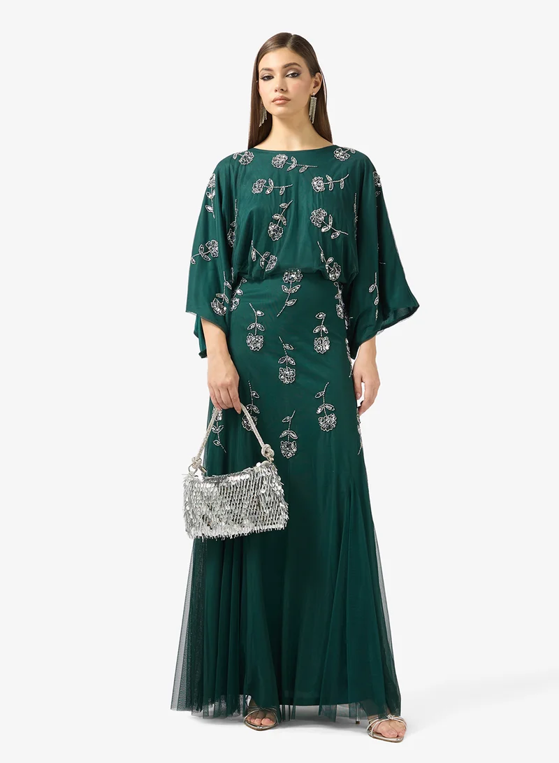 Frock And Frill dark green Cape sleeve crew neck maxi dress for Women | Best Price UAE