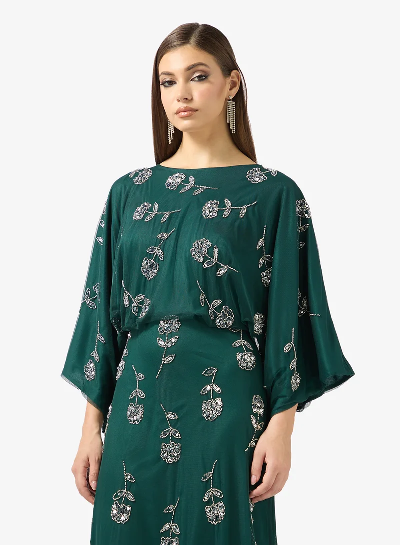 Frock And Frill dark green Cape sleeve crew neck maxi dress for Women | Best Price UAE