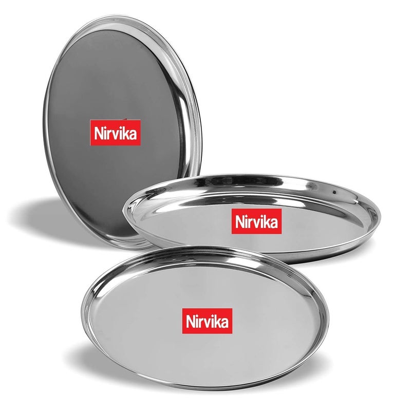 Nirvika Stainless Steel 3 Pc Thali Plate DinnerLunchDinnerwareServeware 13 inch Kitchenware Set Ideal for Home Restaurants and Family Use - Image 1