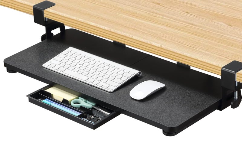 ETHU Keyboard Tray Under Desk, 26.77" X 11.81" Large Size Keyboard Tray with C Clamp-on Mount Easy to Install, Computer Keyboard Stand, Ergonomic Keyboard Tray for Home and Office (Black) - Image 1