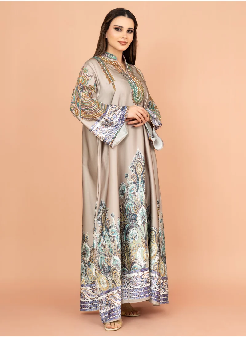 IKKXA Gleaming Crystal and Print Jalabiya IK1016 Brown