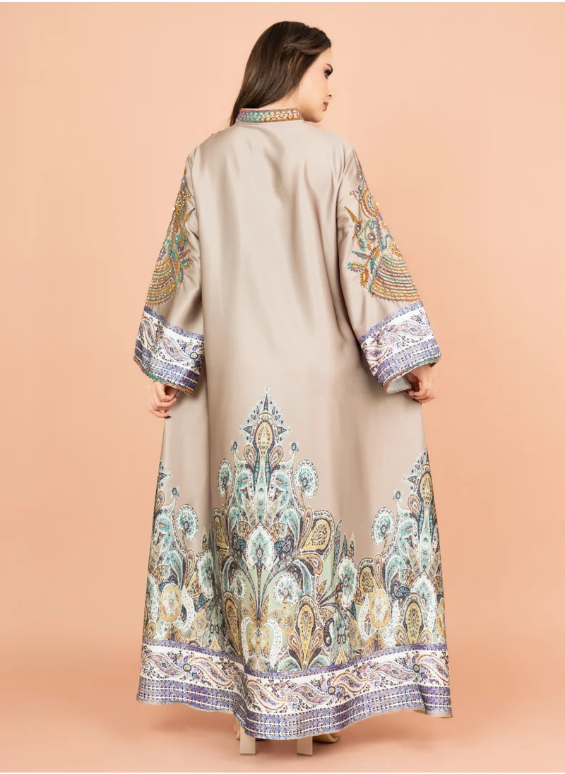 IKKXA Gleaming Crystal and Print Jalabiya IK1016 Brown