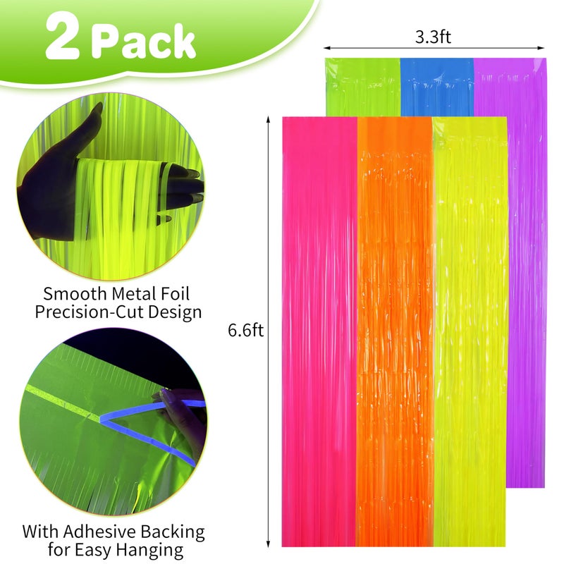 Fayoo Glow in The Dark Tinsel Curtains 2 Pack - 3.3x6.6ft UV Reactive â€ŒFluorescent Party Backdrop for Neon, Birthday, Pride Decorations, Pre-Taped, Lightweight Waterproof - Image 2