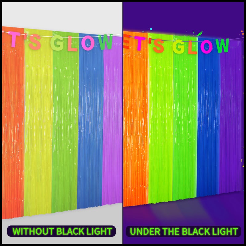 Fayoo Glow in The Dark Tinsel Curtains 2 Pack - 3.3x6.6ft UV Reactive â€ŒFluorescent Party Backdrop for Neon, Birthday, Pride Decorations, Pre-Taped, Lightweight Waterproof - Image 3