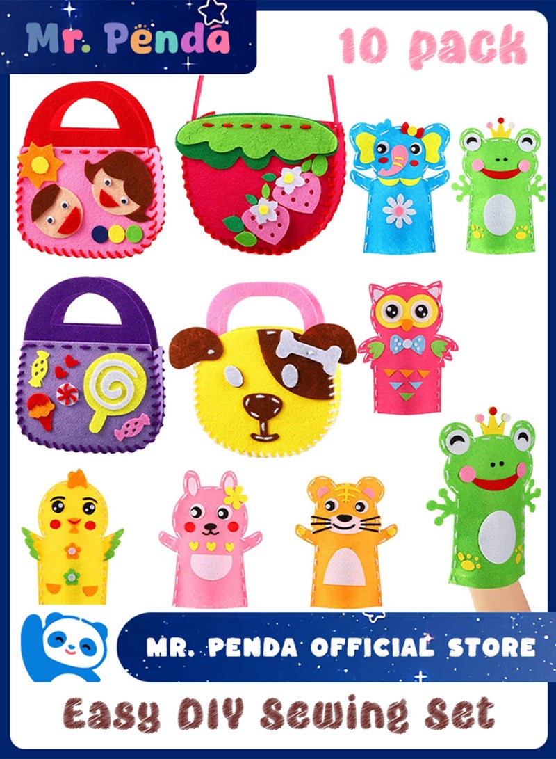 Mr. Penda 10 Pieces Arts and Crafts Set, Animal Hand Puppet Sewing Craft Felt Sock, Puppet DIY Arts and Preschool Educational Toys, Sewing Bags for Boys Girls Beginner Storytelling Role Play  - Image 1