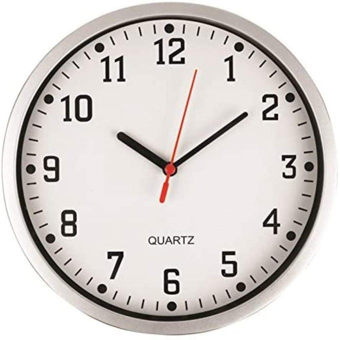 STYLISH MODERN WALL CLOCK WITH SILVER FRAME WHITE DIAL EASY READABLE BIG NUMBERS IDEAL FOR ANY ROOM IN HOME OFFICE SCHOOL CARAVAN GARAGE