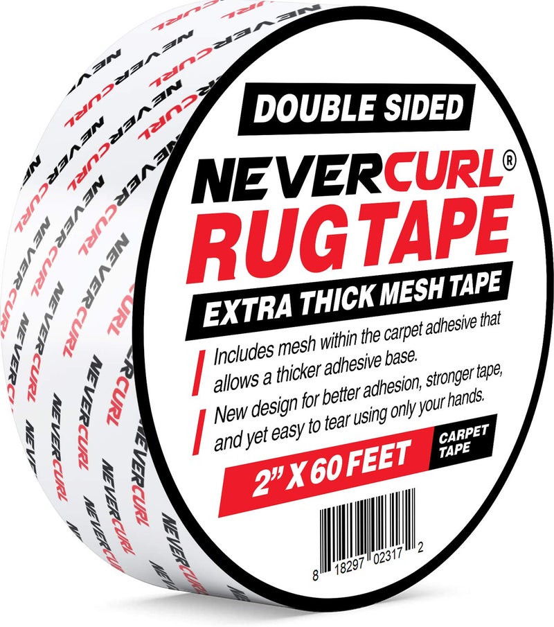 iPrimio NeverCurl Double Sided Carpet Tape Extra Thick Rug Tape with Mesh Fabric 2 by 60 Feet Roll Anti Slip Non Skid Gripper Tape for Rugs