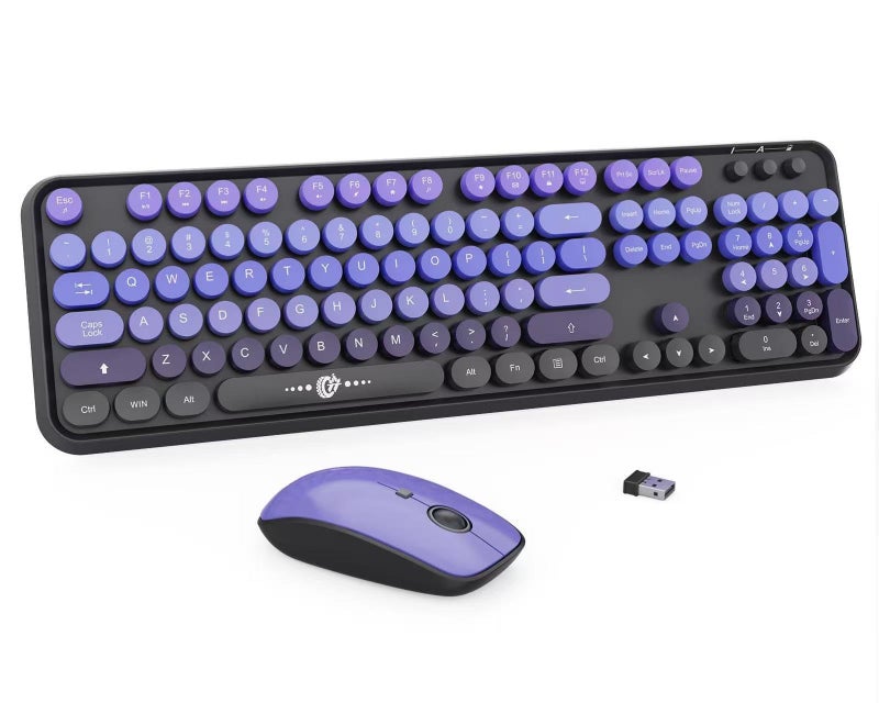 Letton Wireless Keyboard Mouse Combo,Typewriter Cute Retro Style,104 Round Key Colorful Keyboard with Number Pad,Letton Full Size Keyboard Mouse with 3 DPI for PC Laptop Computer-Black Purple - Image 1