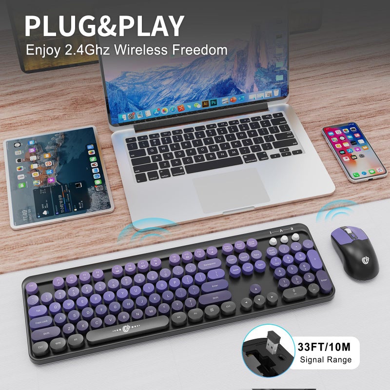 Letton Wireless Keyboard Mouse Combo,Typewriter Cute Retro Style,104 Round Key Colorful Keyboard with Number Pad,Letton Full Size Keyboard Mouse with 3 DPI for PC Laptop Computer-Black Purple - Image 3