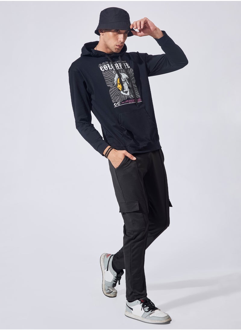 Maniac Maniac Mens Printed Hooded Neck Full Sleeve Black and White Boxy Fit Cotton T-Shirt  - Image 4