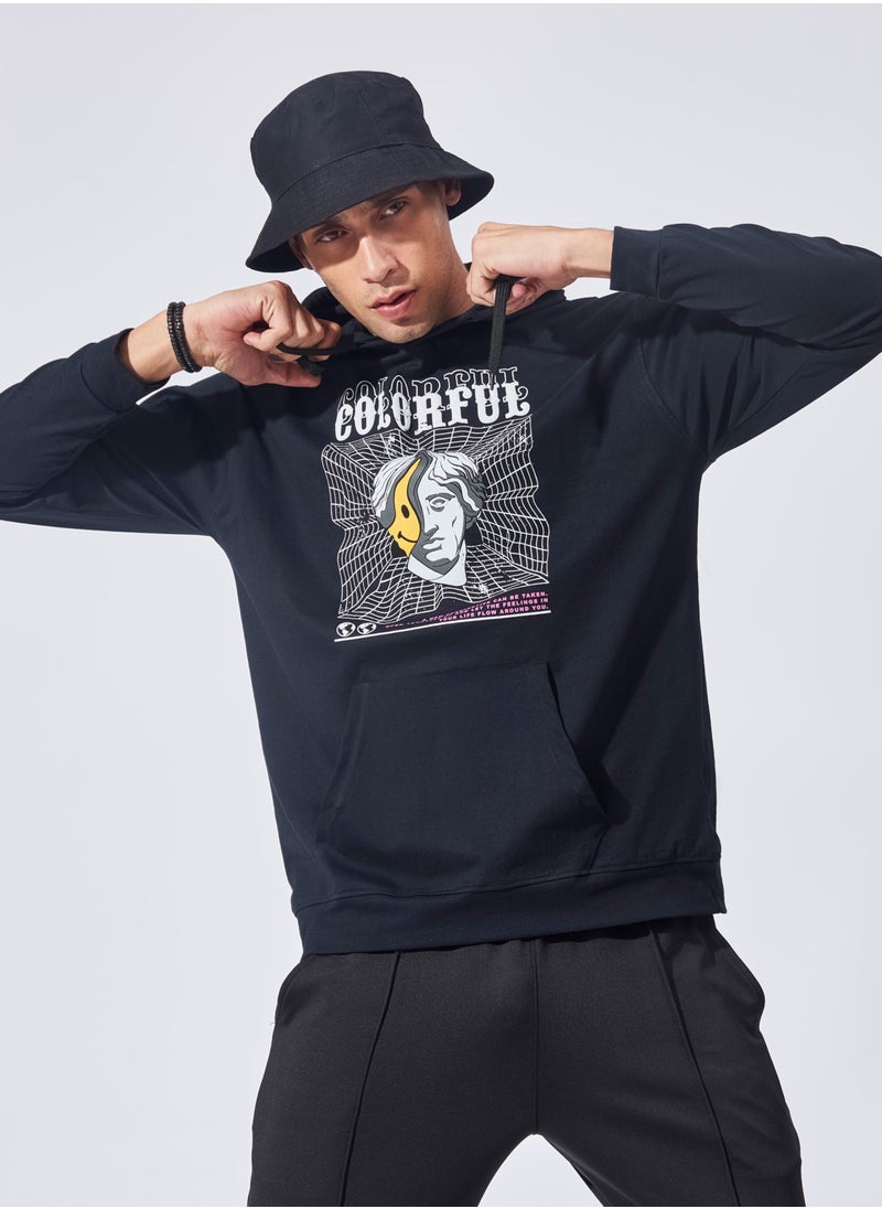 Maniac Maniac Mens Printed Hooded Neck Full Sleeve Black and White Boxy Fit Cotton T-Shirt  - Image 1