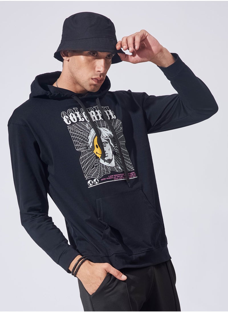 Maniac Maniac Mens Printed Hooded Neck Full Sleeve Black and White Boxy Fit Cotton T-Shirt  - Image 2