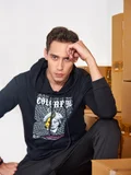 Maniac Maniac Mens Printed Hooded Neck Full Sleeve Black and White Boxy Fit Cotton T-Shirt