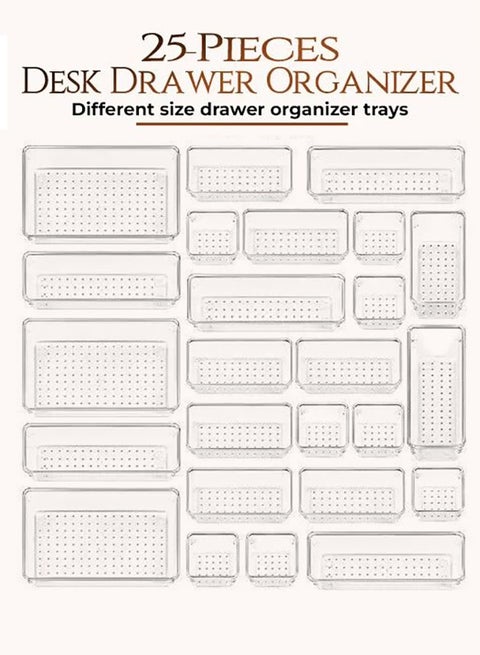 25 piece Clear Plastic Drawer Organizer Tray, Drawer Dividers Storage Bins For Bathroom, Vanity & Accessories Storage, Small & Large Plastic Containers For Makeup, Kitchen & Utensils.