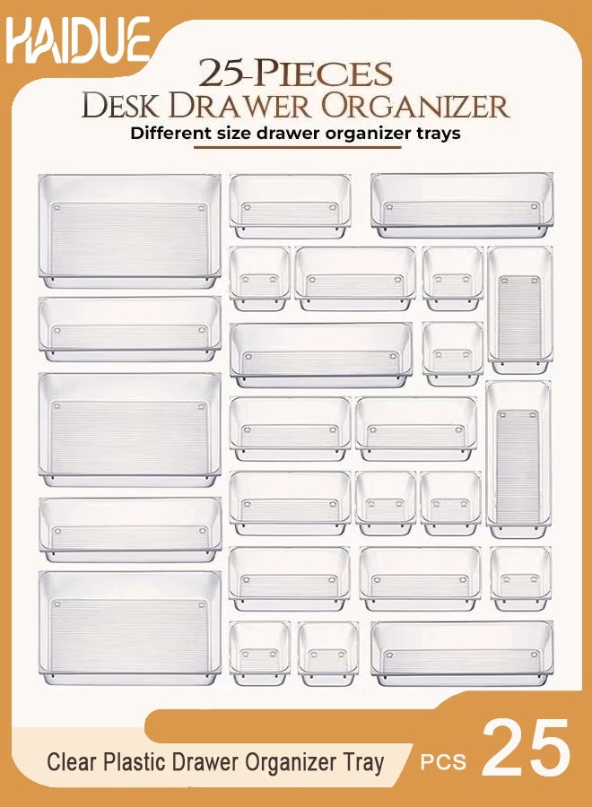 25 piece Clear Plastic Drawer Organizer Tray, Drawer Dividers Storage Bins For Bathroom, Vanity & Accessories Storage, Small & Large Plastic Containers For Makeup, Kitchen & Utensils.