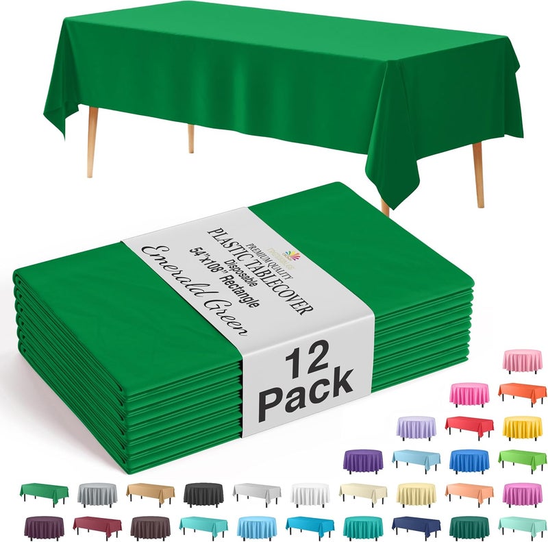 Exquisite 12-Pack Premium Plastic Tablecloth 54in. x 108in. Rectangle Table Cover - Emerald Green - Image 1