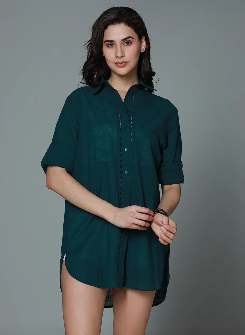 Women'S Teal Rayon Solid Pattern Button Down Shirt