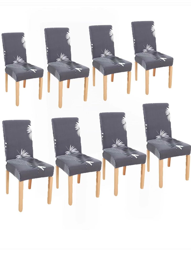 Kutis غطاء كرسي طعام من 8 قطع بنمط ريشة قابل للتمدد من ألياف البوليستر باللون الرمادي/ الأسود/ الأبيض - Image 1