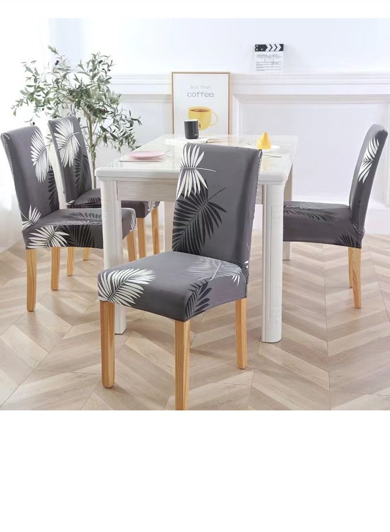 Kutis غطاء كرسي طعام من 8 قطع بنمط ريشة قابل للتمدد من ألياف البوليستر باللون الرمادي/ الأسود/ الأبيض - Image 2