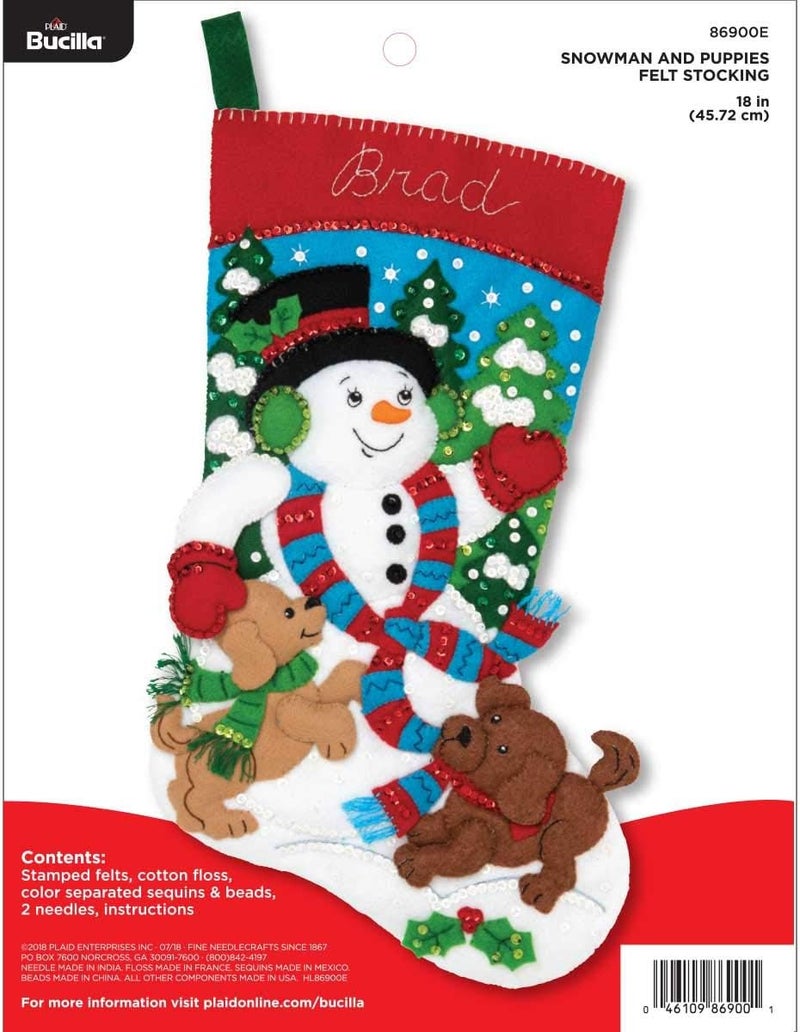 Bucilla Felt Applique Christmas Stocking Kit, 18", Snowman and Puppies - Image 1