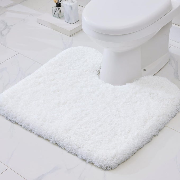 WHITE TOILET RUG 22X24 NON SLIP FLUFFY TOILET FLOOR MAT U SHAPED WASHABLE BATHROOM CONTOUR RUG FOR TOILET ABSORBENT SHAGGY TOILET FOOT RUG