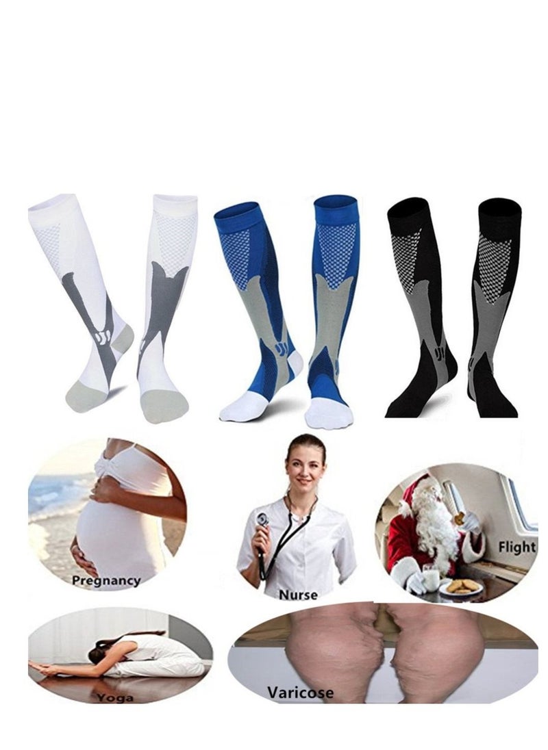 SYOSI 3 Pairs of Sports Compression Socks, 20-30 mmhg Men's and Women's Running and Cycling Socks, Calf-length Sports Compression Gear Sleeve (Black+White+Blue, XL)  - Image 5