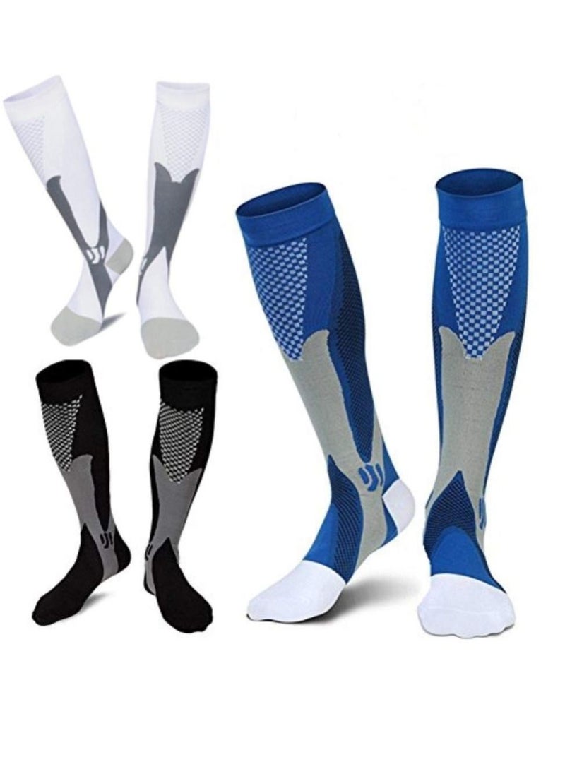 SYOSI 3 Pairs of Sports Compression Socks, 20-30 mmhg Men's and Women's Running and Cycling Socks, Calf-length Sports Compression Gear Sleeve (Black+White+Blue, XL)  - Image 1