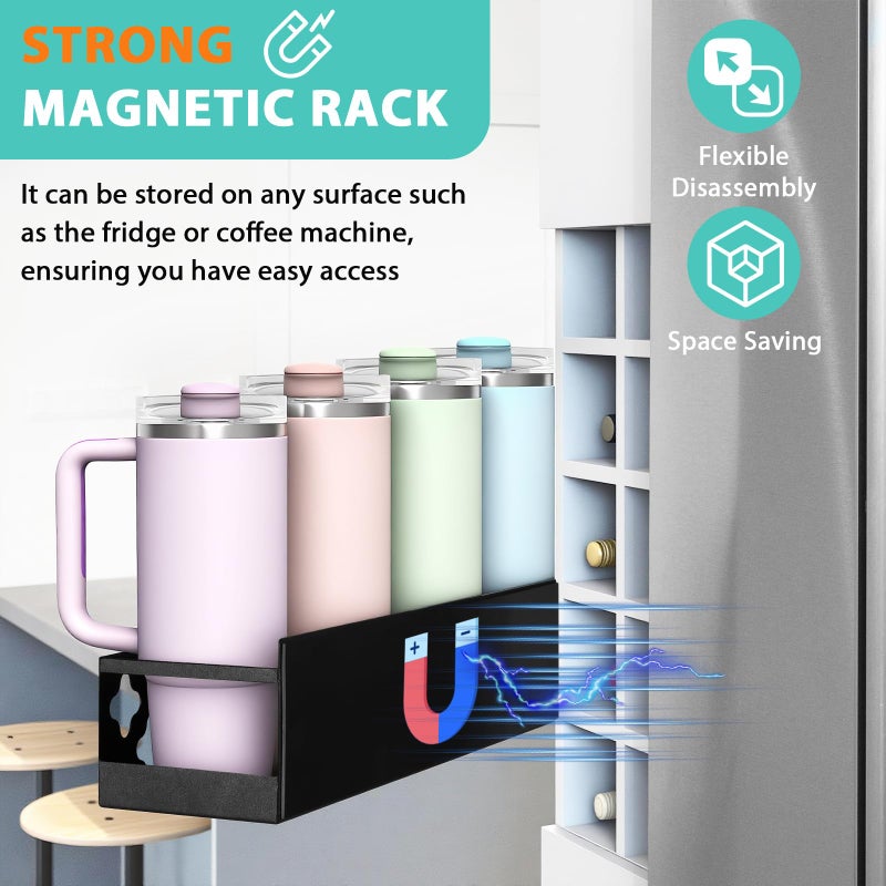 Linidcoud Magnetic Water Bottle Organizer for Fridge, Magnetic Cup Holder for Stanley 30 40 Oz with Tumbler Lid & Straw Organizer, 8 Tumblers Kitchen Storage Rack for Stanley Cup Accessories, Space-Saving - Image 3