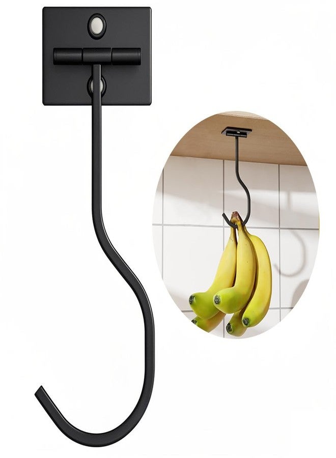 bussdis Under Cabinet Banana Hook Foldable - Adhesive Bananas Hanger, Heavy Duty Stainless Banana Holder (13lb), Magnetic Fold-Up When Not in Use, Premium Material, Black - Image 1