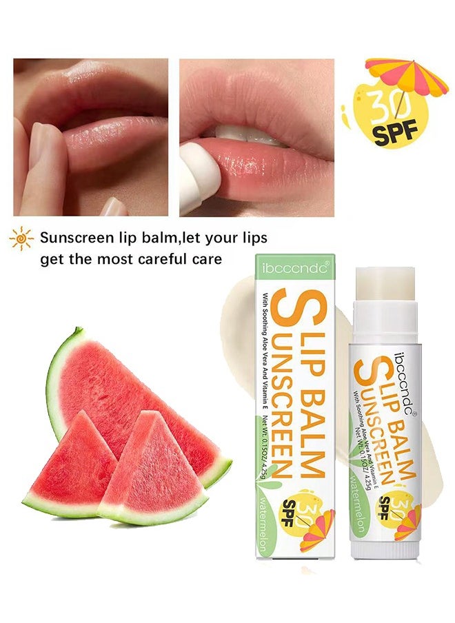 آي بي سي سي سي أن دي سي - SPF 30 مرطب شفاه واقي من الشمس ، بلسم شفاه بتركيبة البطيخ SPF 30 بلسم شفاه واقية من الشمس بالصبار وفيتامين E مرطب طوال اليوم مرطب للشفاه الواقية من الشمس يرطب الشفاه الجافة المتشققة نباتي وخالي من القسوة بلسم واسع الطيف للعناية بالشفاه UVA / UVB - Image 1