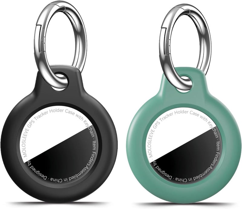 [2 حزمة] لحامل Airtag مع سلسلة مفاتيح، غطاء GPS مقاوم للصدمات ومقاوم للخدش لـ Air Tags، ملحقات Airtags لحالات تتبع GPS للحقائب، أسود+أخضر صنوبري - Image 1