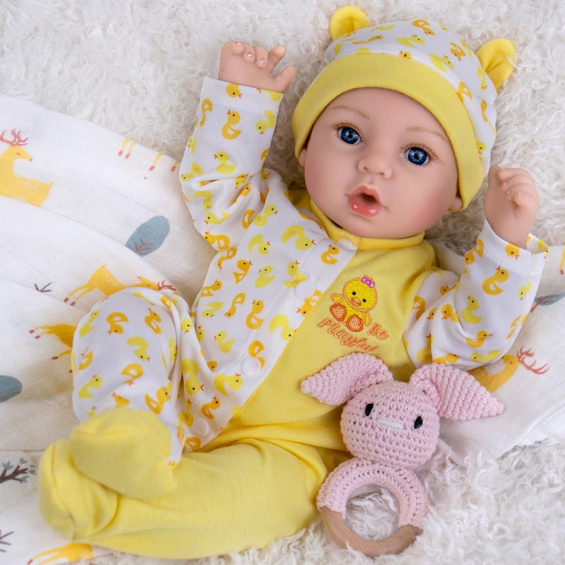 Aori Realistic Reborn Baby Dolls 18 Inch Lifelike Newborn Girl Doll with Yellow Outfit Feeding Set Gift for Girls Kids Toddlers - Image 3